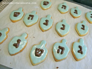 Dreidel cookies, chocolate letters